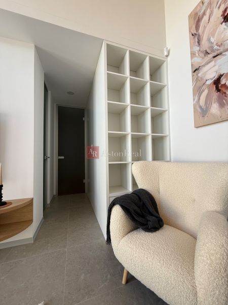 Sessel, Aufbewahrungsregal und Bild im Innenraum eines Einfamilienhauses mit Bodenbelag-Dekor.
