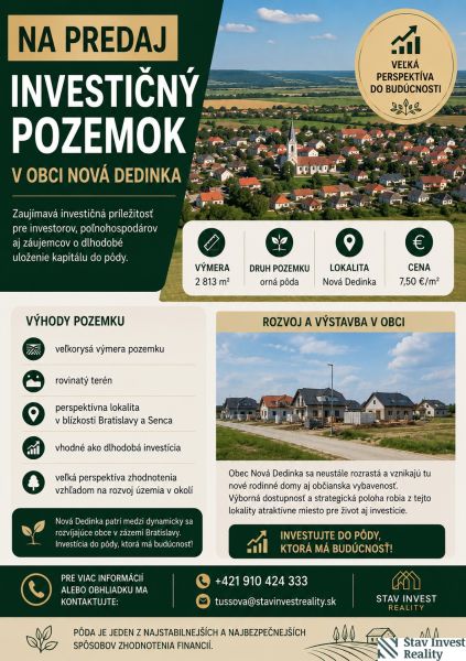 Angebot eines landwirtschaftlichen Investitionsgrundstücks in Nová Dedinka mit Aussicht auf Wertsteigerung.