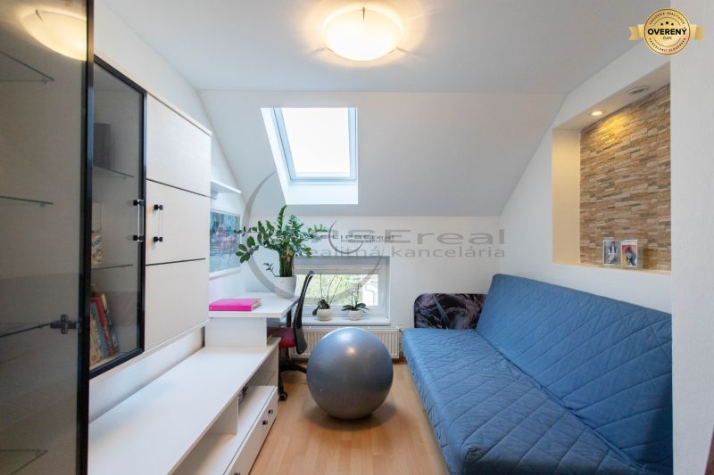 Ein Zimmer in einem Einfamilienhaus mit einem blauen Sofa, einem Boden in Holzoptik und einem Dachfenster.