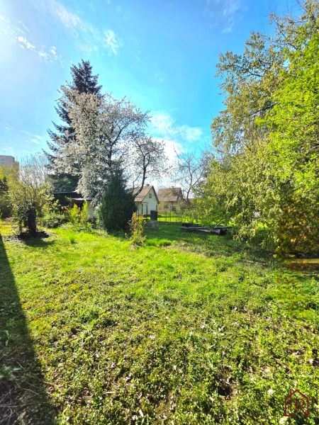 Gärten in der 1. Mai-Straße in Košice-Krásna mit Rasen und Obstbäumen.