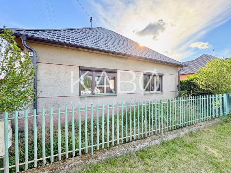 Ein Einfamilienhaus in Šoporňa mit zwei Fenstern und einem Metallzaun.