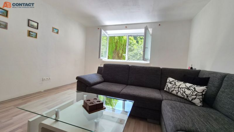 Wohnzimmer mit Sofa, Glastisch und Fenster in einer Zweizimmerwohnung, Boden mit Holzdekor.