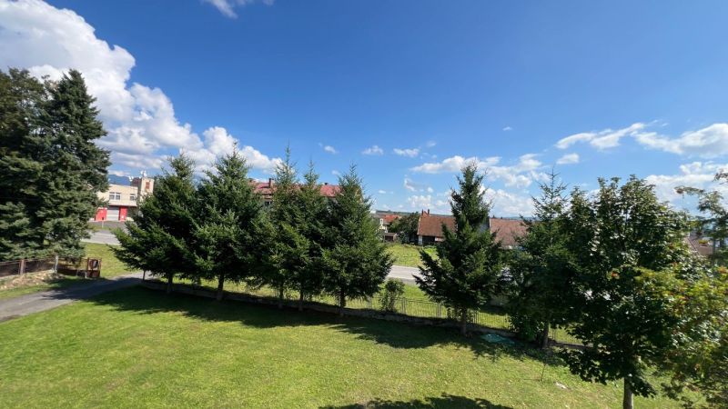 Ein gepflegter Rasen und Bäume mit blauem Himmel in Pribylina hinter einer 3-Zimmer-Wohnung.