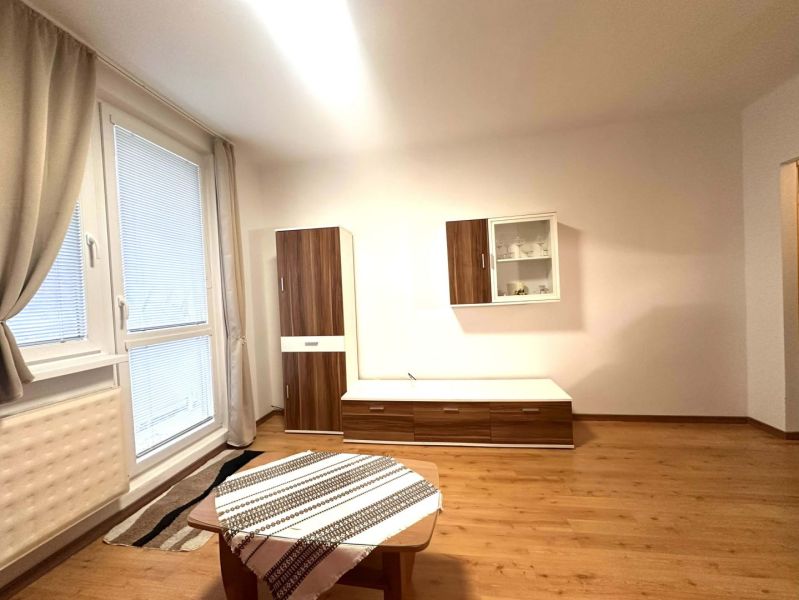 Ferienwohnung mit Holzboden, Möbeln und großem Fenster.