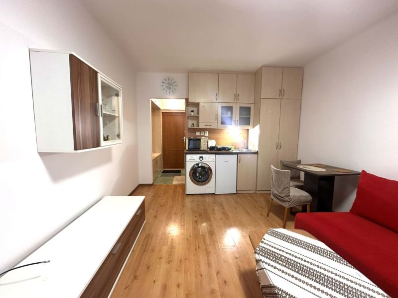 Ferienwohnung mit Einbauküche, rotem Sofa und Holzboden.