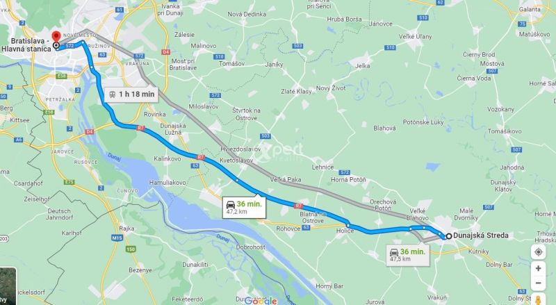Die Karte zeigt die Strecke von Dunajská Streda nach Bratislava mit dem Auto in 36 Minuten.