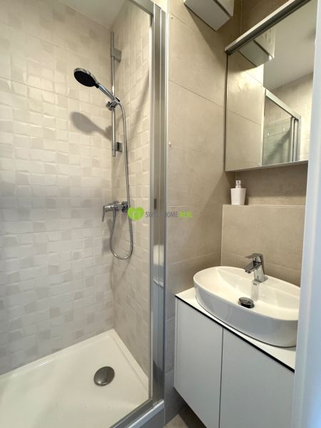 Duschkabine und Waschbecken mit Stauraum im Badezimmer des Einzimmerapartments.