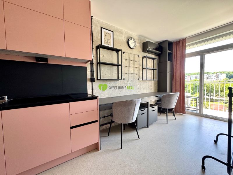 Einzimmerwohnung mit rosa Küchenzeile, Arbeitstisch und Balkon mit Blick ins Grüne.