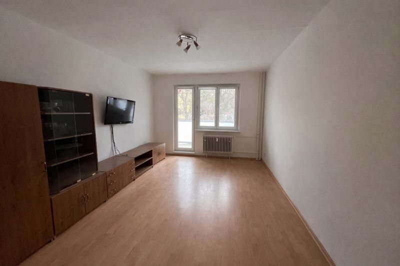 Wohnzimmer in einer Zweizimmerwohnung mit Holzboden und einem an der Wand montierten Fernseher.