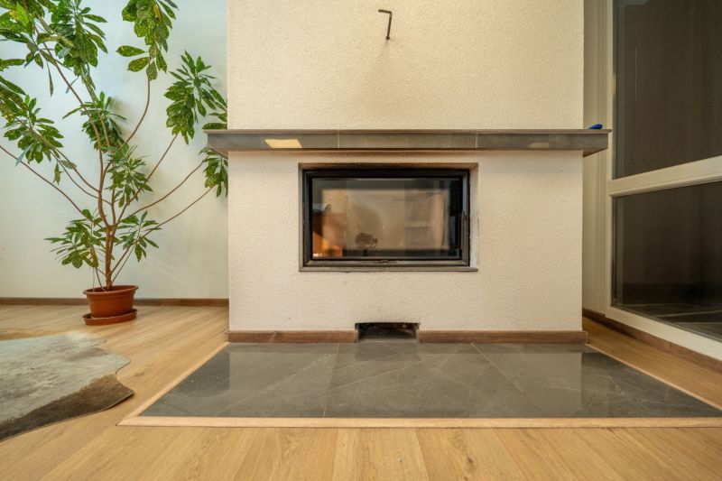 Kaminofen mit Glas, daneben eine Pflanze. Boden mit Holzdekor, besondere Immobilie.