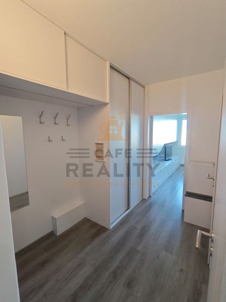 Der Flur einer Einzimmerwohnung mit einem Einbauschrank und einem Boden in Holzoptik.