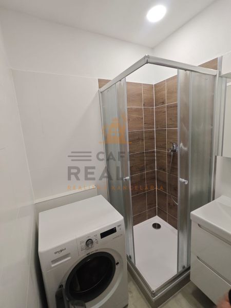 Badezimmer mit Dusche und Waschmaschine in einer Einzimmerwohnung.