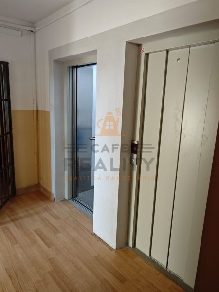 Flur mit Aufzug und Holzboden in einer Einzimmerwohnung.