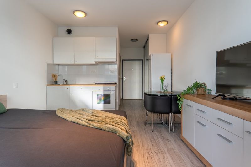 1-Zimmer-Wohnung mit Küche, Esstisch und Boden mit Holzdekor.