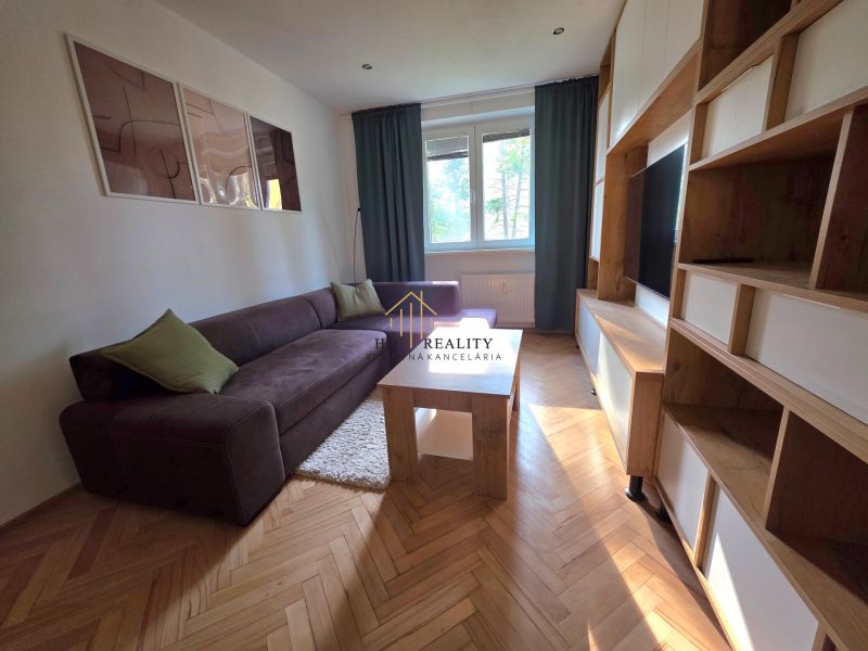 Wohnzimmer in einer 2-Zimmer-Wohnung mit einem bequemen Sofa und einem Holzboden.
