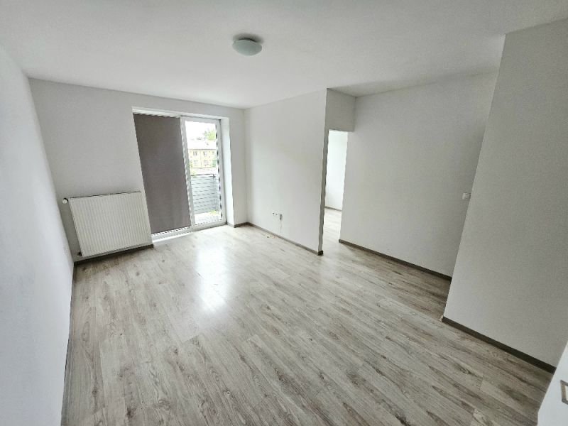 Wohnzimmer mit weißen Wänden und Holzboden in einer Einzimmerwohnung.