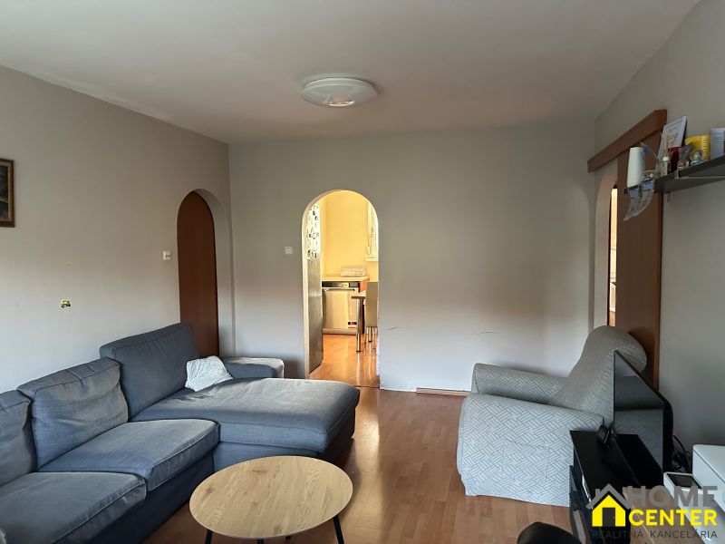 Wohnzimmer einer 3-Zimmer-Wohnung mit einem bequemen Sofa und einem Boden in Holzoptik.