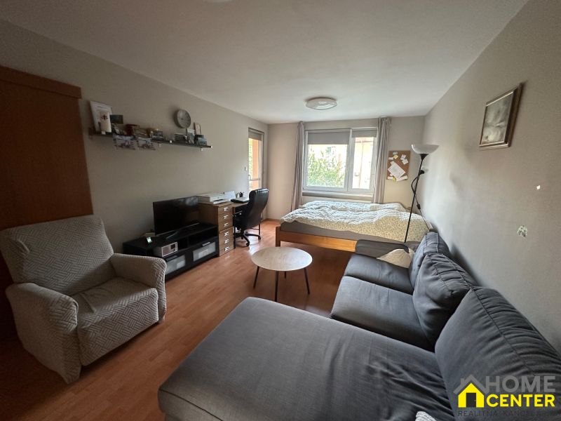 Wohnzimmer einer 3-Zimmer-Wohnung mit Holzboden, Sofa und Schreibtisch.