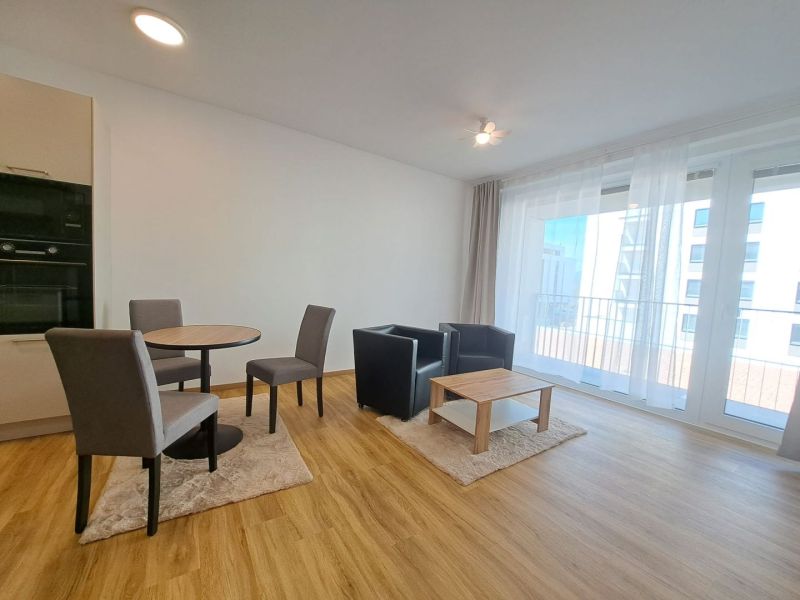 Helles Wohnzimmer mit Holzboden in einer 2-Zimmer-Wohnung.