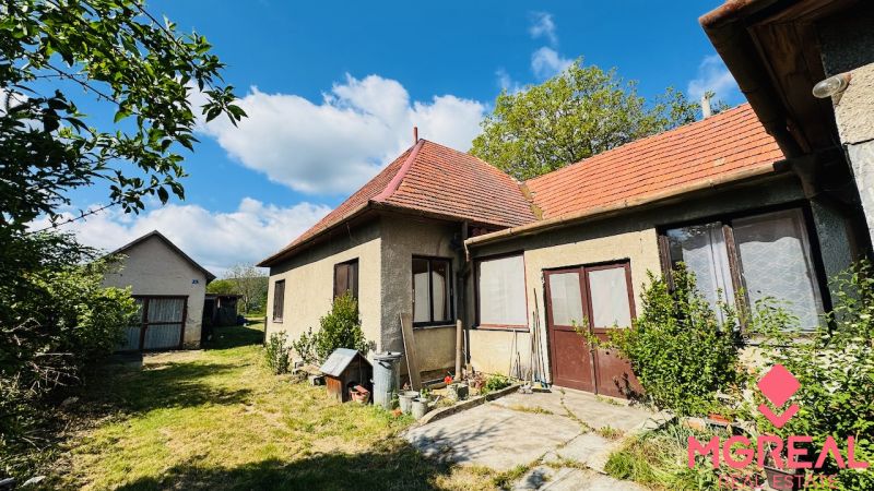 Ein Einfamilienhaus in Pažiti mit rotem Dach und Zugang zum Garten.