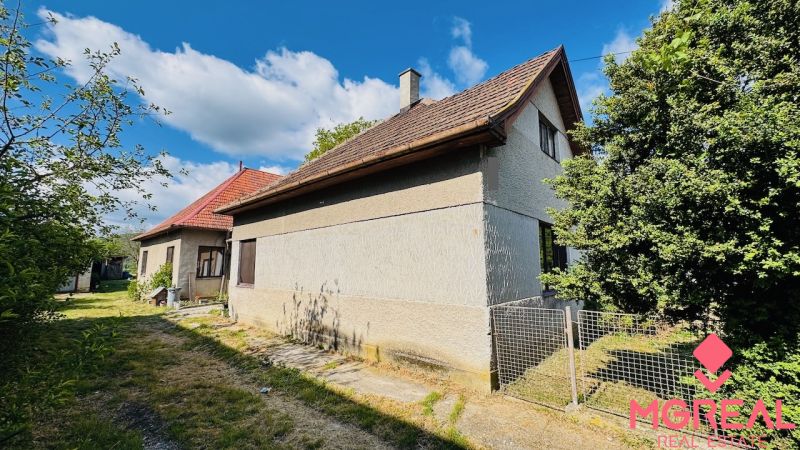 Ein Einfamilienhaus in Pažiť, umgeben von Grün, mit einem roten Dach und Holzfenstern.