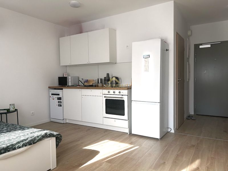 Küchenbereich in einer Einzimmerwohnung mit Holzboden und weißen Möbeln.