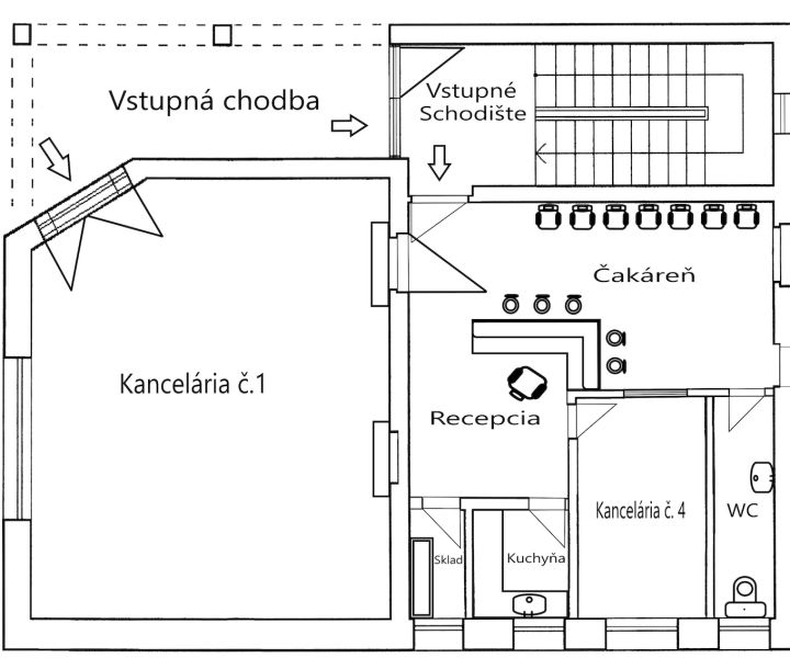 Grundriss eines Büros mit Rezeption, Wartebereich, Küche und Lagerraum.