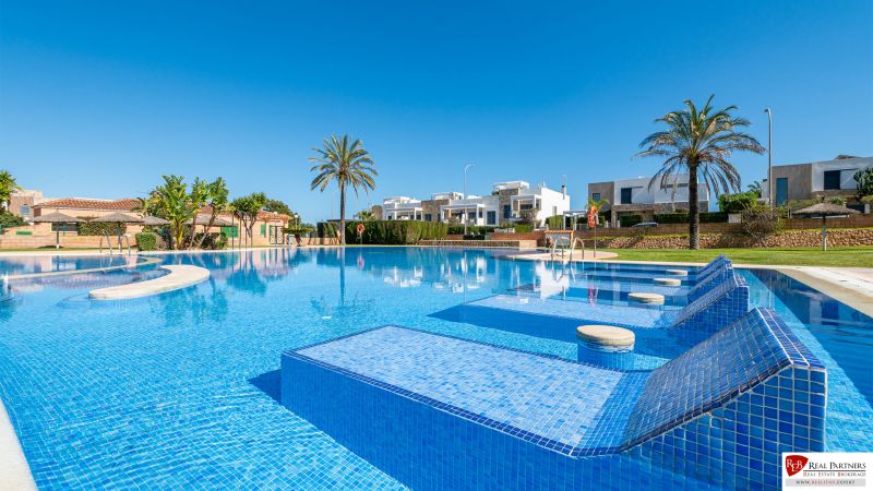 Schwimmbad bei der Ferienwohnung in Cala Murada auf Mallorca mit Palmen und Liegestühlen.