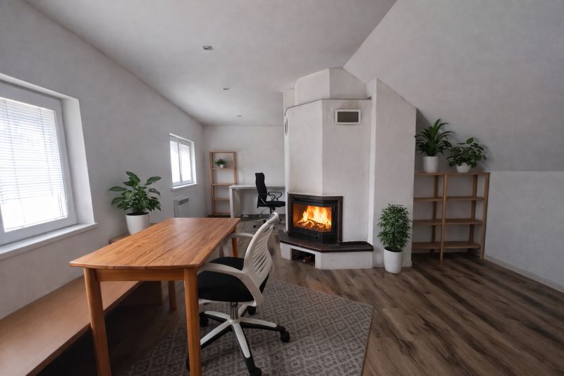 Ein Einfamilienhaus mit Kamin, Holztisch und Boden mit Holzdekor.