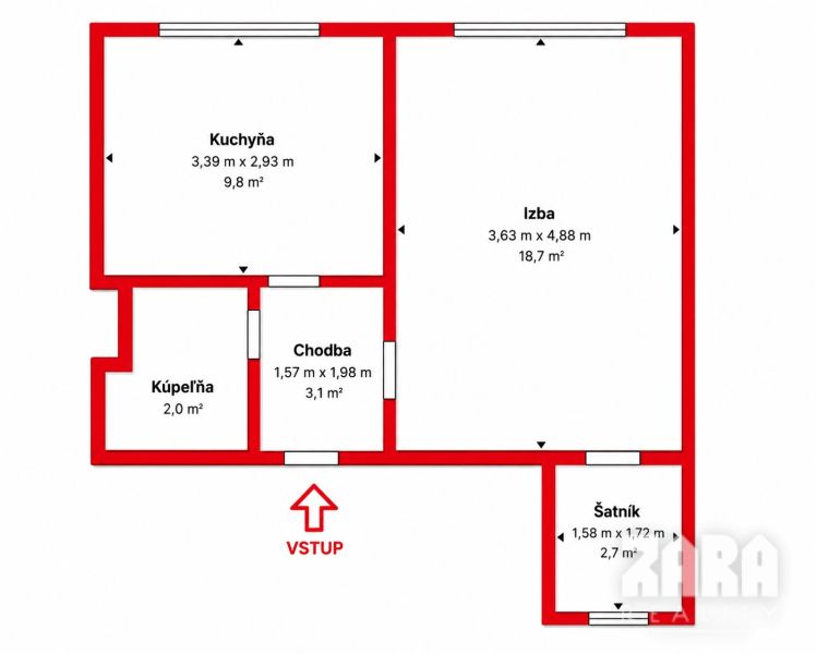 Grundriss einer 2-Zimmer-Wohnung mit Küche, Badezimmer, Flur und Ankleidezimmer.