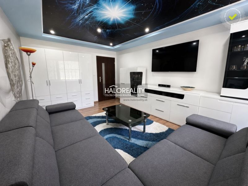 Wohnzimmer in einer Einzimmerwohnung mit dunkelgrauem Sofa, Glastisch und Boden in Holzoptik.