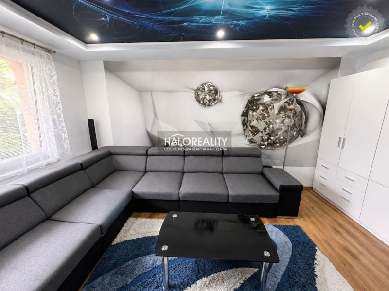 Wohnzimmer in einer Einzimmerwohnung mit Ecksofa, Boden in Holzoptik und dekorativer Decke.