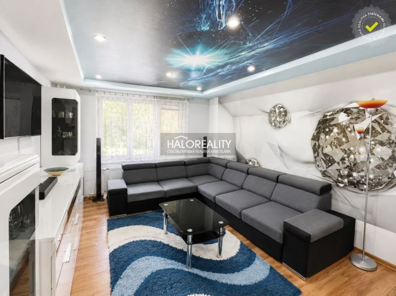Wohnzimmer in einer Einzimmerwohnung mit einem bequemen Sofa, dekorativer Decke und einem Boden mit Holzdekor.