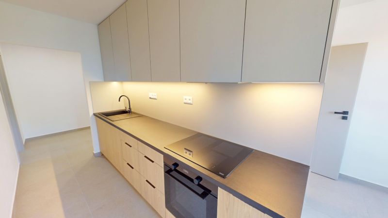 Küche in einer 2-Zimmer-Wohnung mit Holzschränken und Kochfeld auf der Arbeitsplatte.