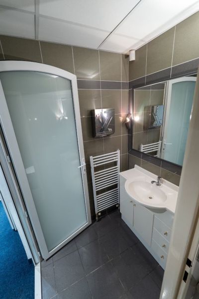 Badezimmer mit Dusche, Waschbecken, Spiegel und Handtuchheizkörper in Besonderen Immobilien.