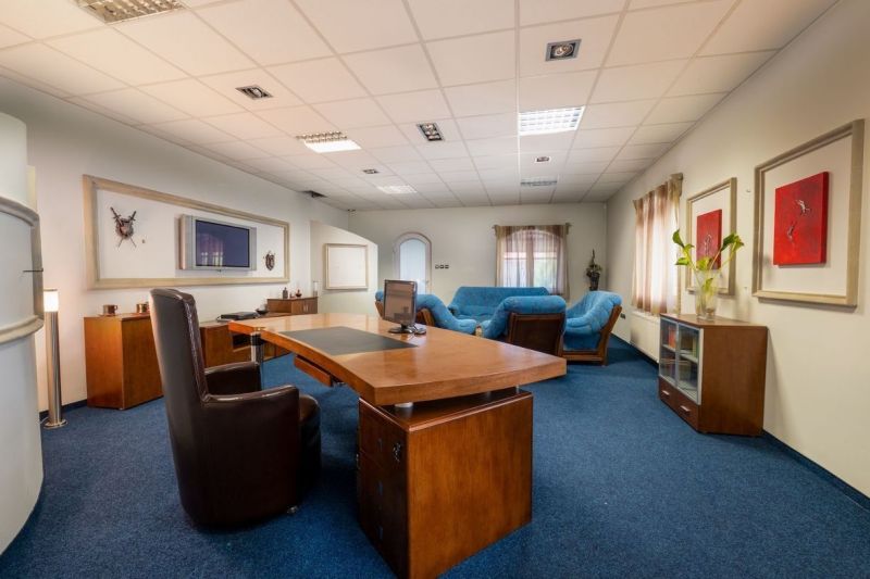 Ein Büro mit stilvollen Holzmöbeln, blauem Teppich und Sofas in besonderen Immobilien.