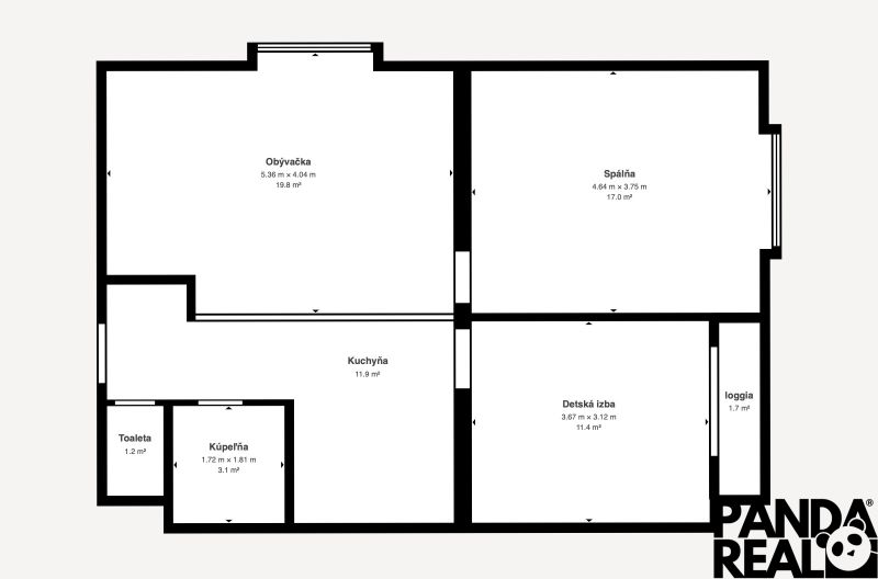 Grundriss einer 3-Zimmer-Wohnung: Wohnzimmer, Schlafzimmer, Küche, Kinderzimmer, Loggia, Badezimmer, Toilette.
