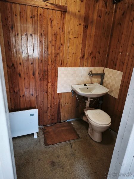 Toilette mit Holzverkleidung an den Wänden und einem einfachen Waschbecken in Geschäftsräumen.