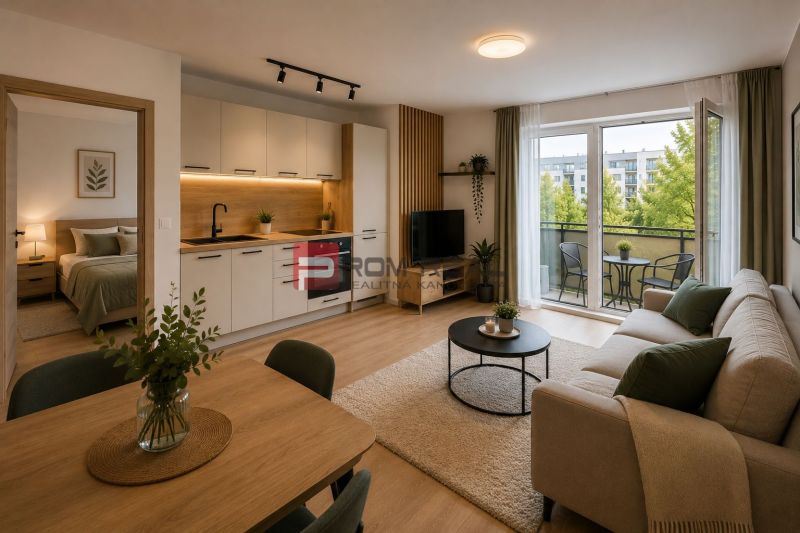 Wohnzimmer in einer 2-Zimmer-Wohnung mit Holzboden und Balkon.