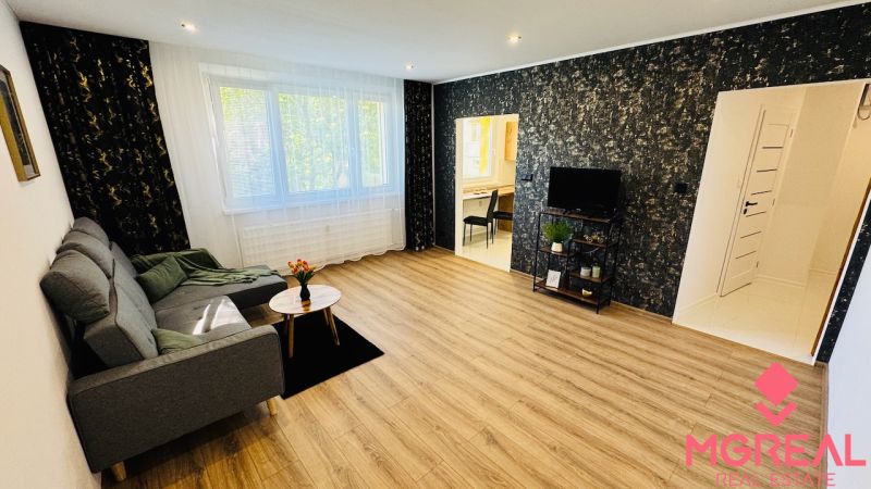Helles Wohnzimmer in einer Einzimmerwohnung mit Sofa, Fernseher und Boden in Holzoptik.