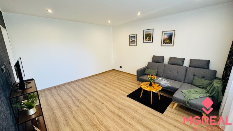 Wohnzimmer in einer Einzimmerwohnung mit Holzboden, grauem Sofa und Fernseher.