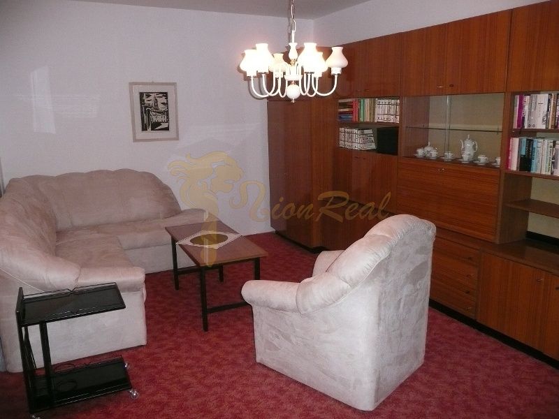 Wohnzimmer in einer Zweizimmerwohnung mit bequemen Sofas und rotem Teppich.