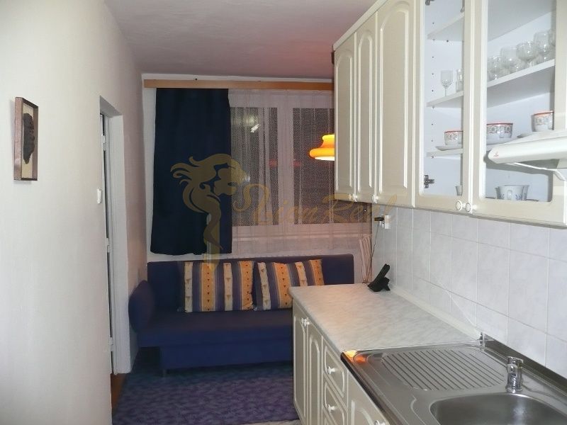 Küche mit Sofa in einer 2-Zimmer-Wohnung, Unterschränke und Vorhänge.