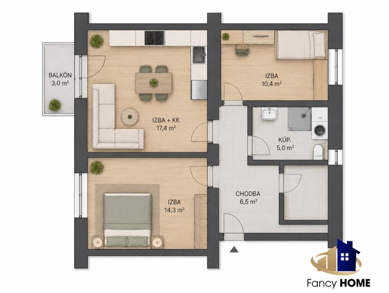 Grundriss einer 2-Zimmer-Wohnung mit Einrichtung, Balkon, Boden mit Holzdekor.