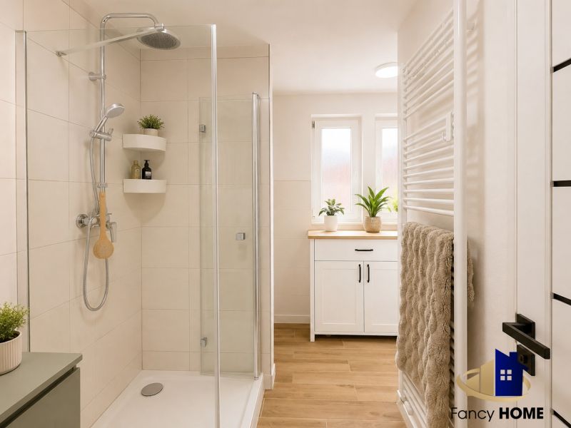 Badezimmer mit Duschkabine und Boden in Holzoptik in einer 2-Zimmer-Wohnung.