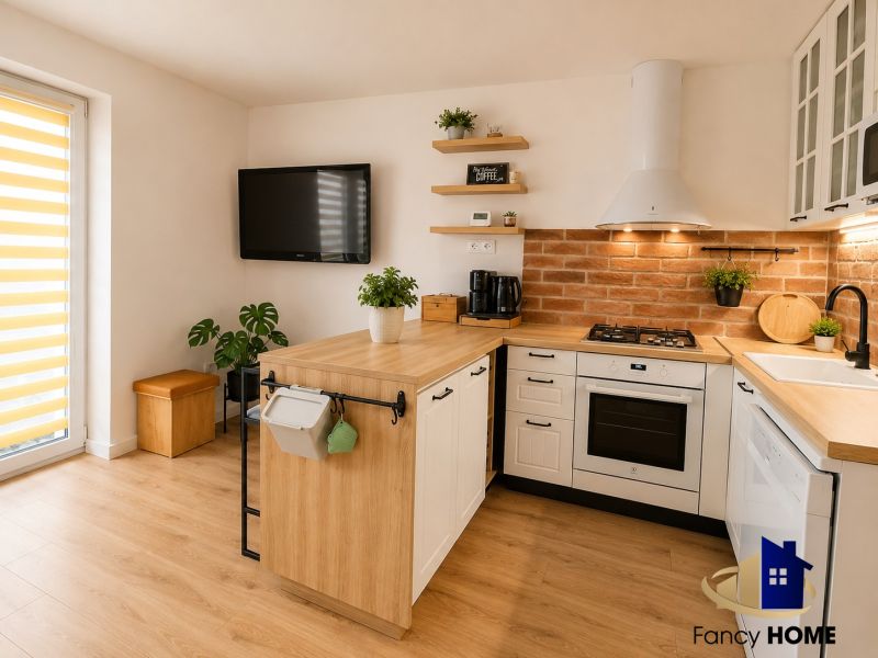 Küche in einer 2-Zimmer-Wohnung mit Holzboden und Ziegelverkleidung an der Wand.