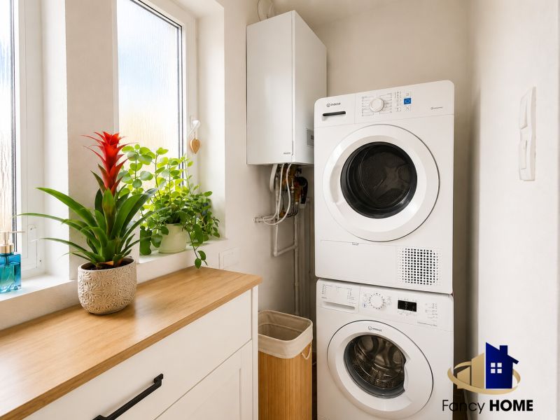 Waschmaschine und Trockner in einer 2-Zimmer-Wohnung, Dekorationen und Pflanzen auf der Fensterbank.