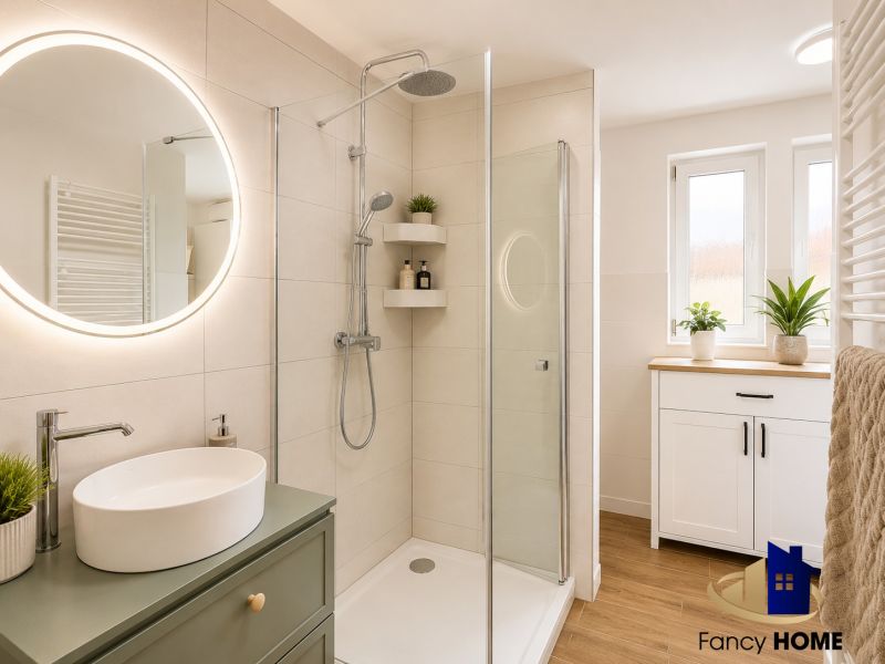 Badezimmer in einer 2-Zimmer-Wohnung mit moderner Duschkabine und Boden in Holzoptik.