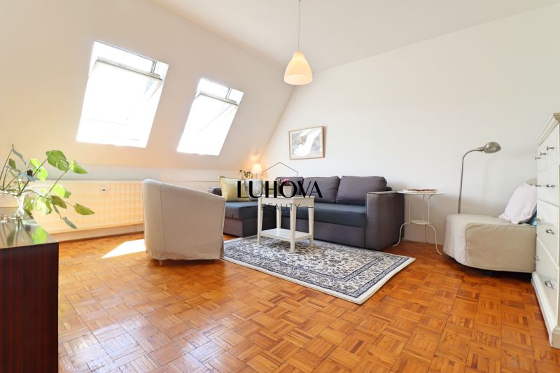 Wohnzimmer in einer 2-Zimmer-Wohnung mit Holzboden und hellen Dachfenstern.