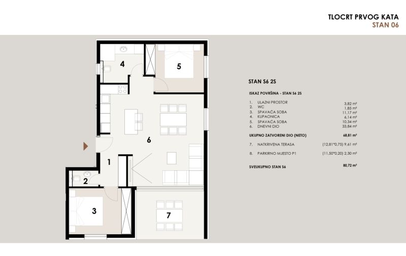 Grundriss einer 3-Zimmer-Wohnung mit Terrasse, Badezimmer und Parkplatz.